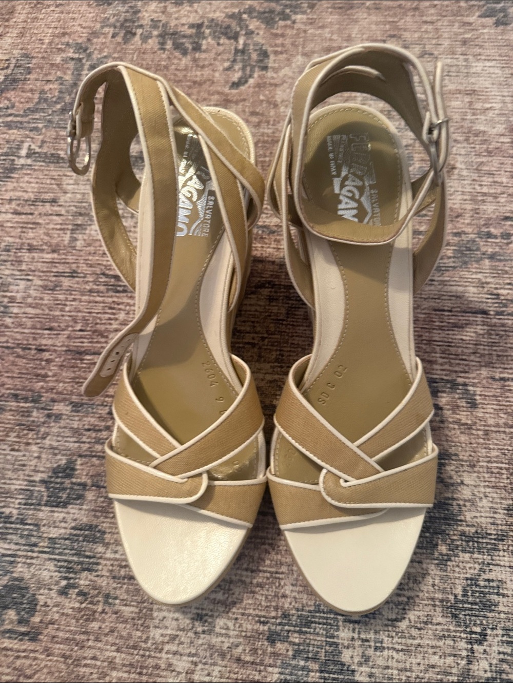Salvatore Ferragamo Beige and Cream Cross-Strap Ankle Strap Sandals